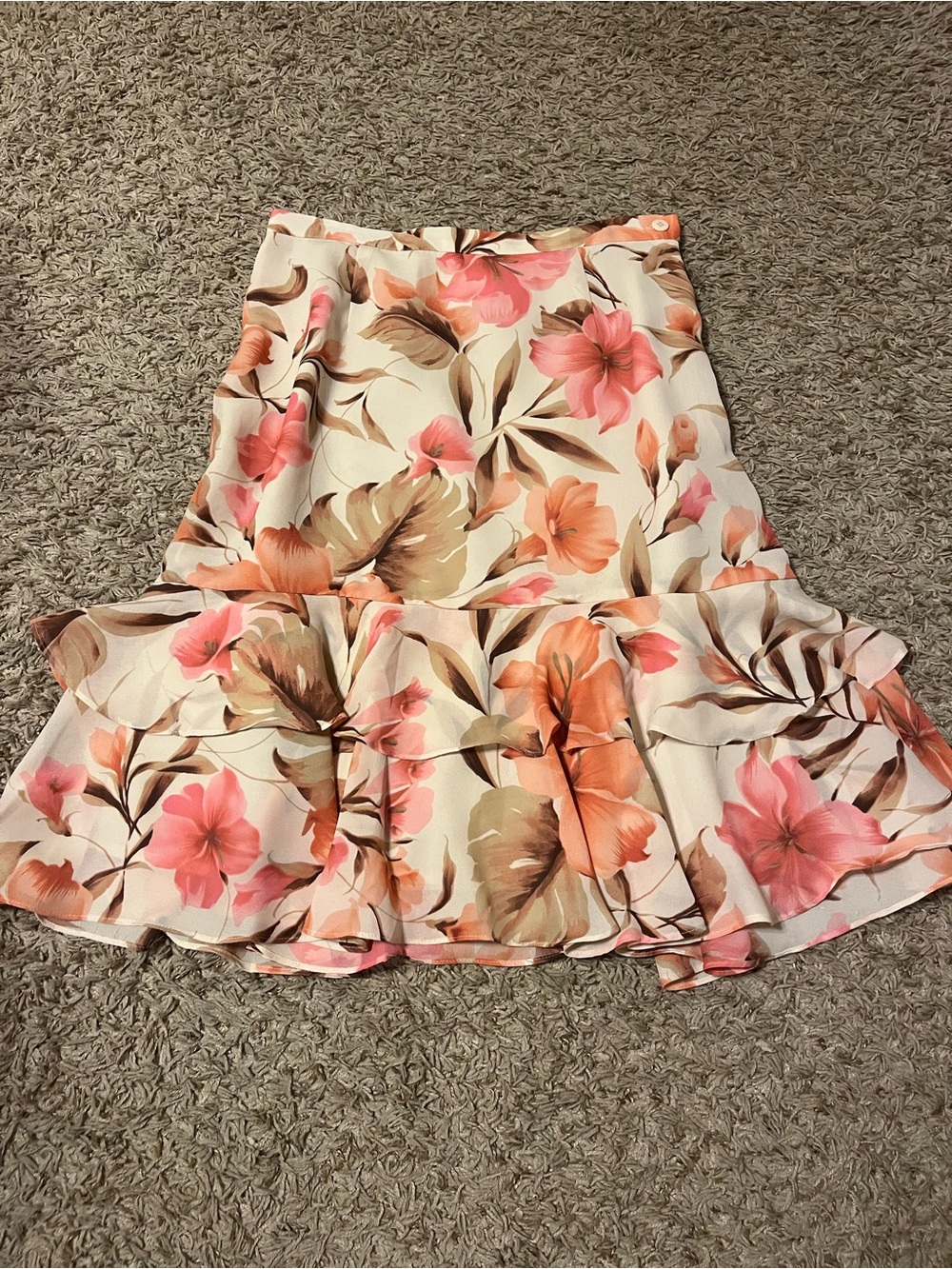 Chadwicks Cream Floral Ruffle Midi Skirt with Pink & Peach Flowers